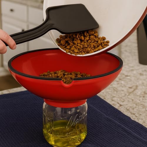 Ultimate Grease Drainer & Food Strainer (Red) Premium Heat-Resistant Silicone Colander for Bacon, Ground Beef, Pasta & Veggies; Fits Pans, Cans & Jars; Dishwasher Safe