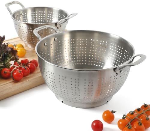 Calphalon Astro Colander Set, 2-Piece Stainless Steel Colander and Strainer, 5 QT & 1.5 QT Pasta Strainer with Handles, Matte Finish Kitchen Colander, Silver