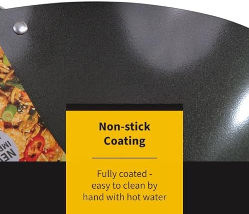 Ken Hom 12" Carbon Steel Nonstick Stir Fry Wok - Soft Touch Helper Handle and Lightweight Flat Bottom Design