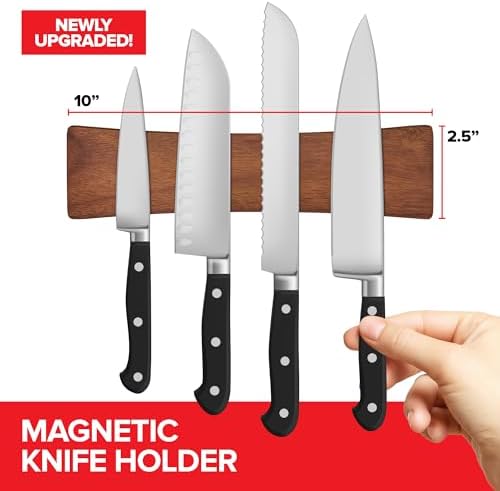 10 Inch Acacia Wood Magnetic Knife Holder with Multipurpose Use, Magnetic Knife Holders for Kitchen, Wooden Knife Rack, Magnet Strips for Knives & Metal Utensils, Tool Holder, Art Supply Organizer