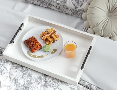 Fibogollo Bamboo Serving Trays with Metal Handles,Large(White)