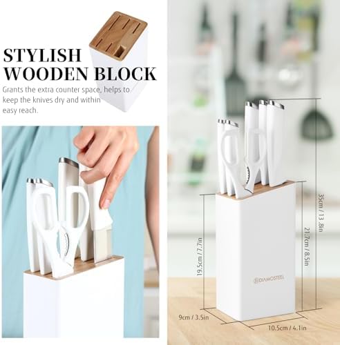 White Knife Set with Wooden Block, 7-Piece Knife Block Set