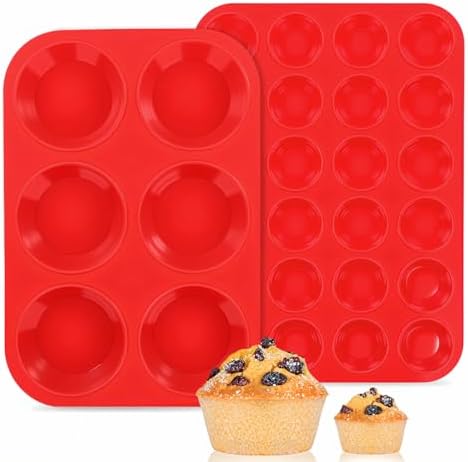 CAKETIME Silicone Muffin Pans for Baking, 2 Packs Jumbo 6 Cups and Mini 24 Cups for Baking Muffins, Cupcakes, Egg Bites, and Frittatas