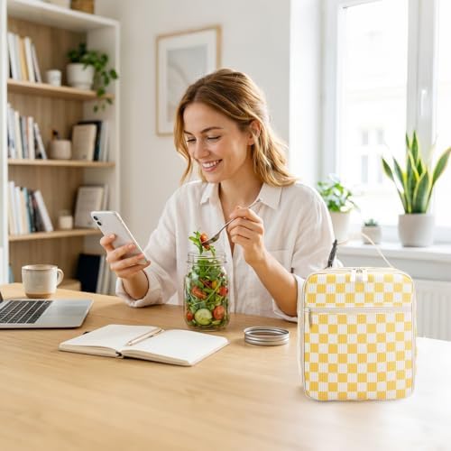 Lunch Box for Women Men Adult Insulated Lunch Bag Women Men Small Reusable Lunchbox for Work Picnic Travel (Beige-Yellow Plaid)