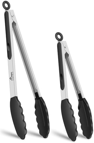 HOTEC Premium Kitchen Tongs, 7 & 9 Inch, Stainless Steel, Black, Set of 2