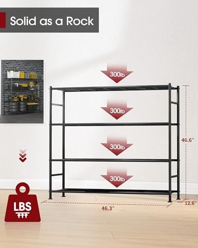 Sakugi Storage Shelves - 4 Tier Shelf Organizer, Heavy Duty Garage Shelving Unit with Leveling Feet, Stable Metal Shelves Organizer for Pantry, Kitchen and Closet, 46.3" W x 12.6" D x 46.6" H, Black