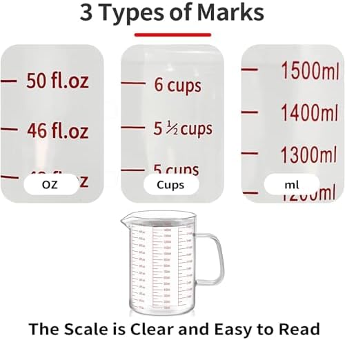 Luvan 6 Cups Glass Measuring Cup, Easy to Read with 3 measurement scales (Ml/Oz/Cup), Insulated Handle and V-shaped Spout, High Borosilicate Glass Measuring Cup, Ideal for Kitchen or Restaurant