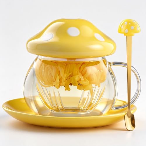 Mushroom Tea Cup Set, Cute Glass Tea Cups and Saucers, Kawaii Teacup with Infuser for Loose Leaf Tea Steeper, Coffee Mugs Birthday Gifts for Women, Tea Infuser Mug with Lid for Mother Girls (Yellow)