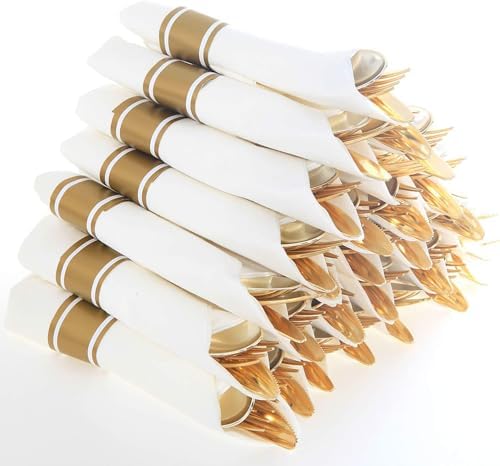 Supernal 30 Pack Pre Rolled Gold Plastic Silverware, Linen Feel Napkins