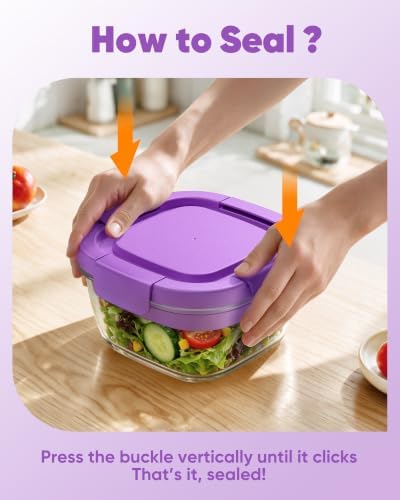 Canfanni Glass Salad Container, 56oz Bowl with Airtight Lids, Tray, Fork