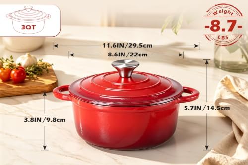 Leonyo 3-Quart Small Enameled Cast Iron Dutch Oven Pot with Lid, Red