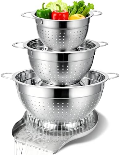 Palksky Stainless Steel Colander Set with Handles & Self-Draining Base, 3 Sizes (7”, 9”, 11”), Heavy Duty Pasta Strainer, Rice & Vegetable Strainer, Countertop Draining System