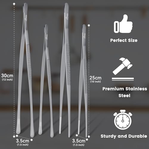 HOTEC Kitchen Tweezers Stainless Steel Cooking Tweezers 4 Pcs-10" and 12"