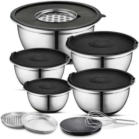 AVADOR Premium Brushed Stainless Steel Mixing Bowls Sets, Easy To Clean, Space Saving, Great for Cooking, Baking, Prepping Needs 0.25qt, 1qt, 1.5qt, 3qt, 5qt (9 pc Anti Slip with Lid and Graters)