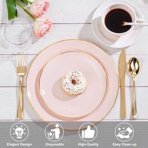 Nervure 100PCS Pink and Gold Plastic Plates, 10.25″ Disposable Dinner Plate
