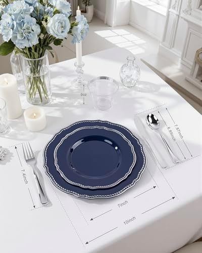 Hioasis 175 Pcs Blue Silver Plastic Plates Wedding & Party