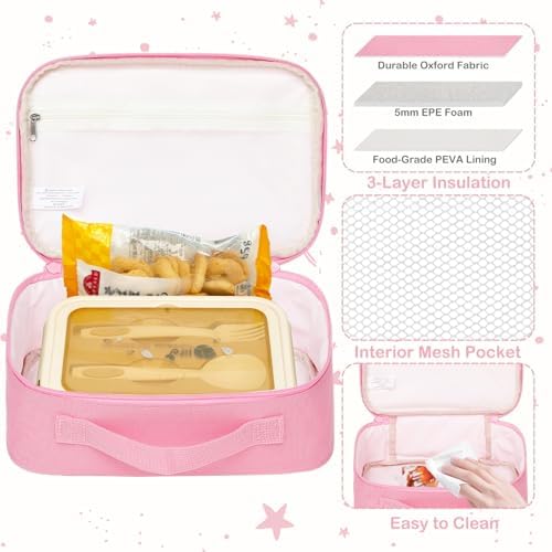 FlowFly Kids Lunch box Insulated Soft Bag Mini Cooler Back to School Thermal Meal Tote Kit for Girls, Boys,Solid Pink