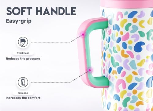 Meoky 50 oz Tumbler with Handle, Tumbler with Lid and Straw, Insulated Stainless Steel Travel Mug, 100% Leak-proof, Keeps Cold for 36 Hours or Hot for 12 Hours (Leopard)