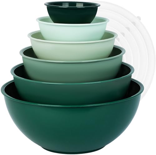 BoxedHome BPA Free Plastic Round Mixing Bowl with Lids, 12 Pack Nesting Bowls with Lids Set, Microwave and Dishwasher Safe Prep & Serving Bowls Great for Mixing, Baking, Serving (Green, 12pcs)