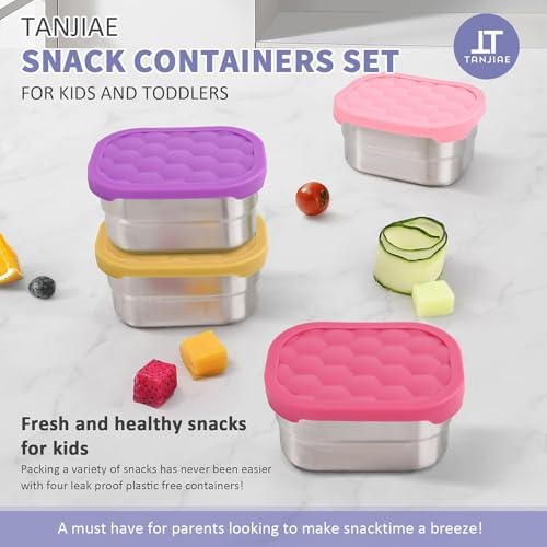 Tanjiae 4Pack Small (1 CUP) 8oz Stainless Steel Snack Containers for Kids | Reusable Easy Open Toddler Snack Containers with Silicone Lids | Stackable Toddler Lunch Box for Daycare, School and Travel