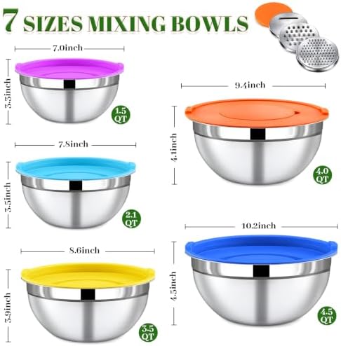 8-Piece Colorful Stainless Steel Mixing Bowl Set with Lids, Includes 5 Nesting Bowls and 3 Grater Attachments for Mixing and Serving, 1.5/2.1/3.5/4/4.5 QT