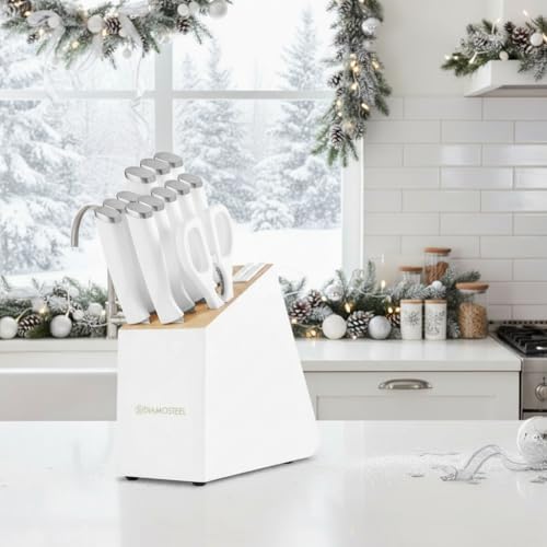 White Knife Set, 13 Pieces Knife Block Set with Built-in Sharpener