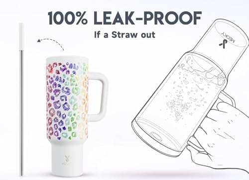 Meoky 50 oz Tumbler with Handle, Tumbler with Lid and Straw, Insulated Stainless Steel Travel Mug, 100% Leak-proof, Keeps Cold for 36 Hours or Hot for 12 Hours (Kiss)