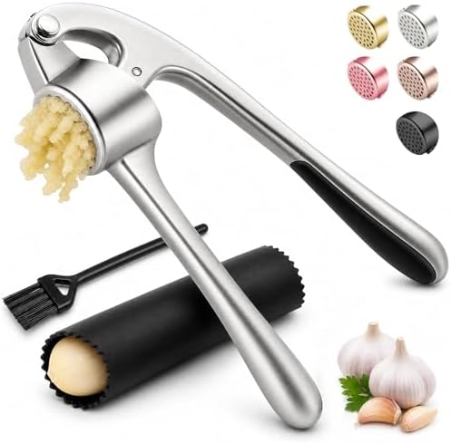 Kitchen Garlic Press, Rust Proof & Dishwasher Safe Garlic Mincer, Durable Garlic Crusher Set with Peeler＆Brush, Easy to Clean and Squeeze, Matte