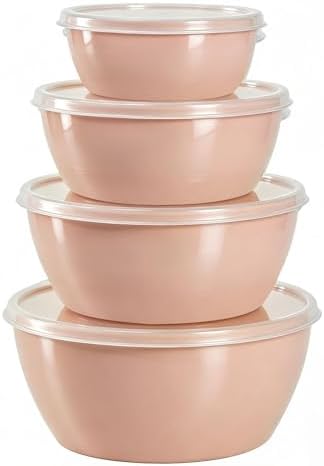 4-Piece Classic Plastic Prep Bowls with Lids, Nesting Plastic Small Mixing Bowl Set for Mixing, Baking, Prepping, Cooking and Serving Food, Microwave and Dishwasher Safe (Light pink)