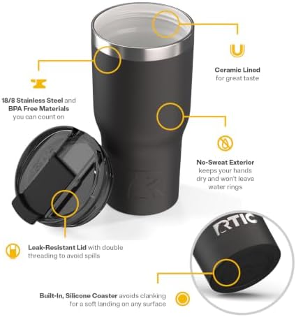 RTIC 20oz Essential Tumbler with Lid, Ceramic Lined, Black