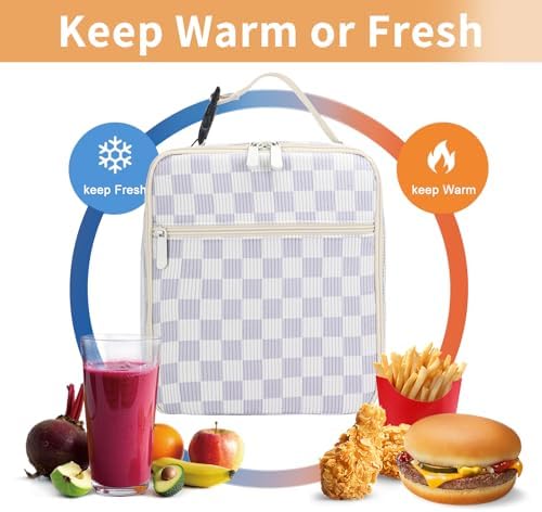 Lunch Box for Women Men Adult Insulated Lunch Bag Women Men Small Reusable Lunchbox for Work Picnic Travel (Beige-Purple Plaid)