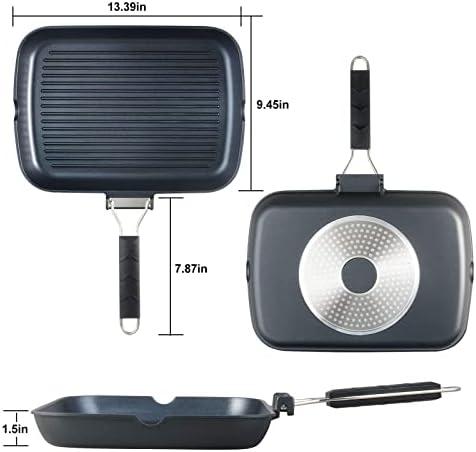 S·KITCHN Grill Pan with Folding Handle, Nonstick Grilling Pan for Stove Tops, Induction Compatible Rectangle KBBQ Pan with Pour Spouts - 13 × 9IN