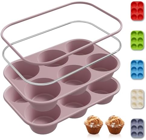 2 Pack 6 Cups Jumbo Muffin Pan with Metal Reinforced Frame Silicone Molds Egg Bites Silicone Circle Cookie Molds Extra Large Muffin Tin Jumbo Tart Pans Baking Sheet Set for Sandwiches