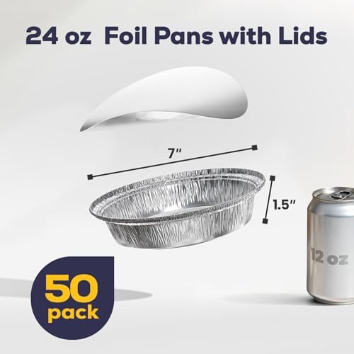 Fit Meal Prep 50 Pack 7” Round Aluminum Foil Pans with Lids, Pie Tins Disposable 7 inch with Lids, Take Out Containers, Freezer Oven Safe Aluminum Baking Pans for Storing, Cooking, Storage, Reheating