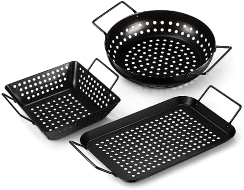 3 Pack Grill Topper Pans for Outdoor Grill, Stainless Steel Vegetables BBQ Grilling Basket with Holes Handles, Nonstick Barbecue Pan Grilling Gifts for Camping Picnic Cooking Seafood Meat