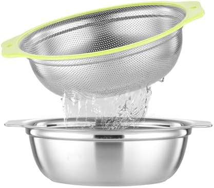 Colander Stainless Steel Microporous, 5QT Large Capacity Rice Washer with Mixing Bowl, 12.5’’Rice Strainer Bowl Set with Handle, Food-Grade Strainers and Colanders for Washing Rice, Pasta