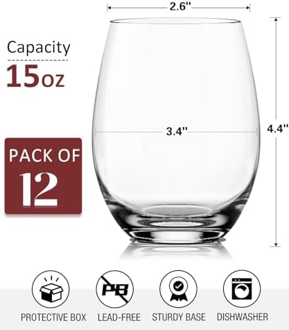 OJA Wine Glasses Set, Crystal Stemless Red Wine Glass, Set of 12, 15 oz