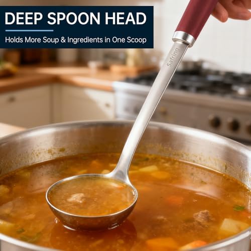 Safring Stainless Steel Soup Ladle and Spaghetti Spoon Set, Heat Resistant Rubber Handle, Dishwasher Safe, Kitchen Utensils for Cooking, Stirring, Serving Pasta, Soup & Sauce (Red)