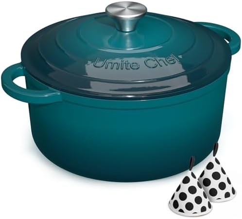 Umite Chef 7QT Enameled Cast Iron Dutch Oven with Lid & Cotton Potholders–Heavy-Duty Cookware for Bread Baking, Braising, Stews, Marinate, Cook(Emerald)