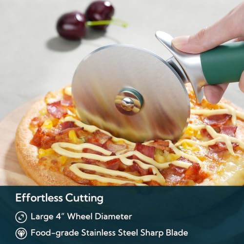 KITCHENDAO Pizza Cutter Wheel with Blade Cover & Thumb Guard, 4 Inch, Green