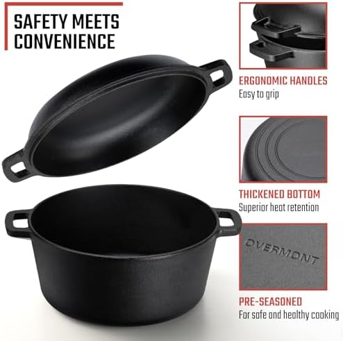 Overmont 7QT Double Dutch Oven - 2-in-1 Pre-Seasoned Cast Iron Pot & Recipe