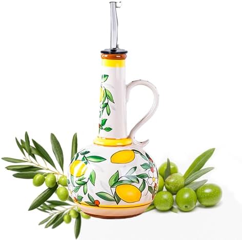 Ceramic Olive Oil Dispenser Bottle – 18.3 oz Oil Cruet with Spout and Handle, Lemon Pattern, 10.2” Tall – Non-Drip Pourer for Kitchen Counter, Salad Dressing, Vinegar, Decorative Oil Container