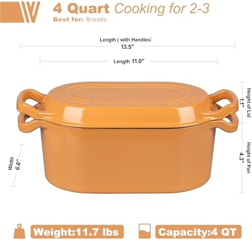 VORRINGARD Oval Dutch Oven Pot with Lid, Enamel Coating Cast Iron Bread Pans for Homemade Sourdough Bread Baking, Cooking, 4 Quart, Yellow