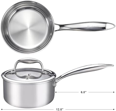 1-Quart Saucepan with Lid, Tri-Ply Stainless Steel Pot with Stay-Cool Handle & All Cooktop Compatibility (Gas, Ceramic, Electric) - Silver