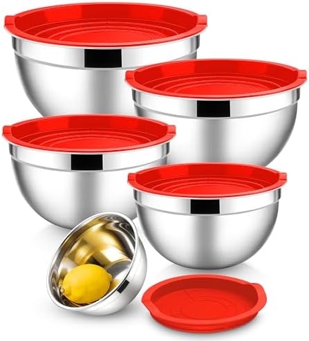 E-far Mixing Bowls with Lids Set, Stainless Steel Cooking Salad Bowls, Red