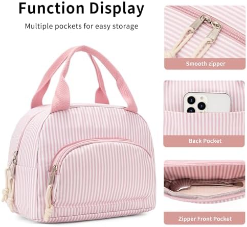 Lunch Bag Women Lunch Box for Women Adult Cute Insulated Lunch Bag Small Cooler Lunch Tote Bags for Work Picnic Travel (Pink Stripes)