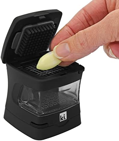 Garlic-A-Peel Garlic Press, Crusher, Cutter, Mincer, and Storage Container - Includes Silicone Garlic Peeler - Easy to Clean - Stainless Steel Blades – (Black), standard