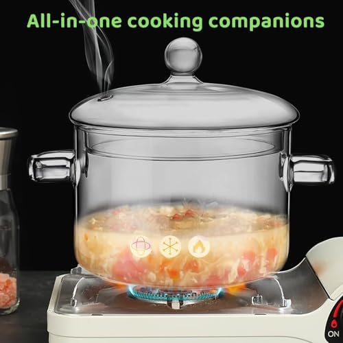 Glass Pots for Cooking on Stove, 1.5L/50oz Glass Cooking Pot with Lid, Heat-Resistant Simmer Pot for Stove Potpourri, Saucepan Pot FIts for Cooking, Soup, Milk, Tea.