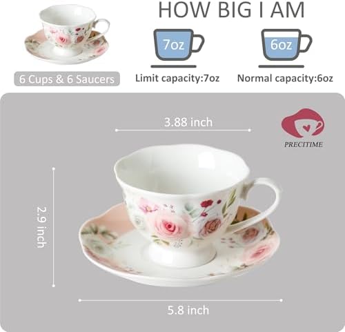 6oz Floral Porcelain Tea Cup & Saucer Set of 6, Pink Rose, Party