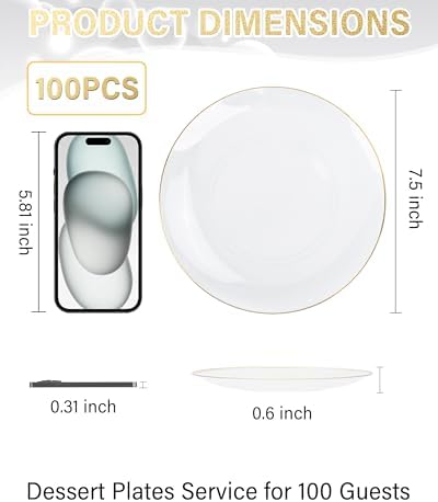 Nervure 100PCS Clear and Gold Rim Plastic Plates - 7.5″ Disposable Plates
